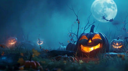 Naklejka premium Mystic Moonlight: Jack O’ Lanterns Shine in the Halloween Darkness