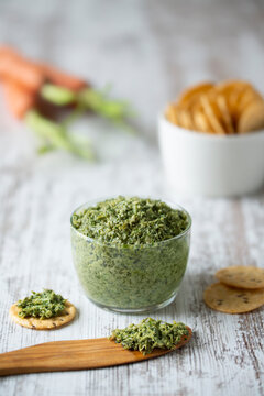 Carrot  Greens Pesto Carrot Tops Grean Spread Creamy Pesto and Crackers