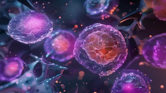An image of a megakaryocyte a large cell responsible for producing platelets surrounded by developing cells.