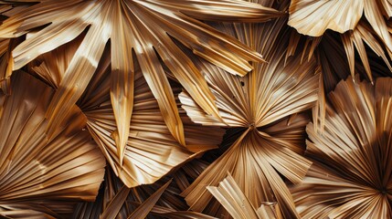 Dry palm leaves forming a background. Close-up of tropical fan-shaped foliage. Natural backdrop. Top view with space for text.