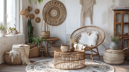 Fototapeta premium Cozy Ethnic Living Room: Wicker Furniture, Rattan Armchair, Bamboo Table, Macrame Decor