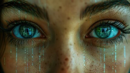 A close-up of a woman's eyes displaying a futuristic interface with digital codes and a cyberspace theme, symbolizing advanced technology and augmented reality.