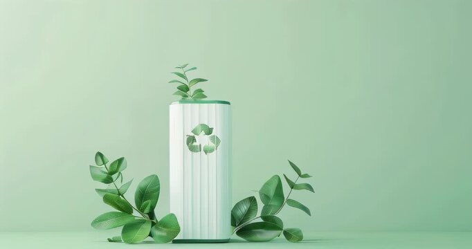 Sustainable battery pack with recycling symbols, ideal for green tech promotions, with copyspace. Battery packs