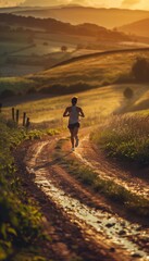 Obraz premium Runner Training on Scenic Rural Path with Rolling Hills at Sunset for Fitness and Nature-Inspired Design