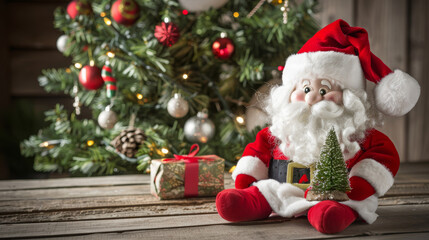 Santa Claus plush toy sitting by a decorated Christmas tree with a present and pinecones.