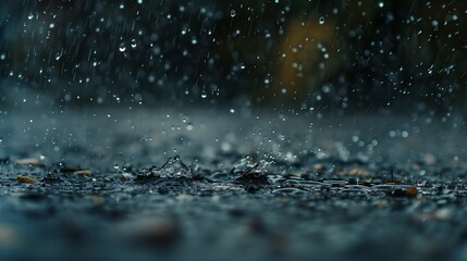 Close-up of raindrops falling on the ground. Generative AI.