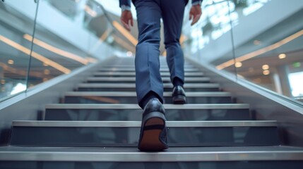 Close-up of a young businessman's feet sprinting up a modern staircase, showcasing determination and upward movement within a corporate environment.