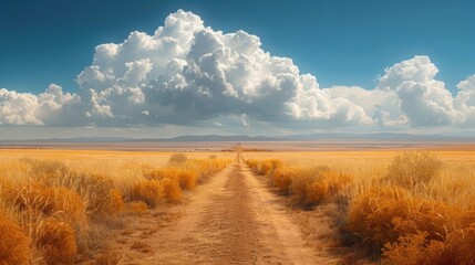 Naklejka premium A picturesque dirt road runs through vast, golden fields under a dramatic sky filled with large, fluffy clouds, creating a serene and idyllic landscape.