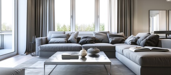 light living room with grey sofas, coffee table and large window