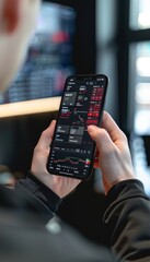 Trader Using Commodity Trading App on Smartphone with Live Trading Chart in Blurred Background