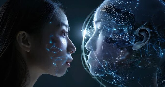 Symbolic representation of global AI ethics through merging human and AI faces with a holographic globe. AI ethics