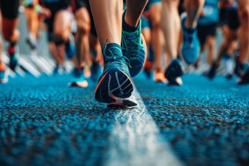 Fototapeta premium Marathon Runners' Feet at Start Line on Wet Road, Capturing Anticipation and Reflections