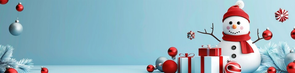 Banner with cute snowman character, Christmas decoration, copy space, 3d style. Generative AI.