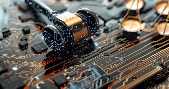 Representation of legal and ethical AI with circuit board, gavel, and scales overlay. AI ethics