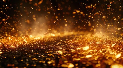Naklejka premium A dazzling scene of gold coins raining against a black background, creating a fountain-like effect. The shimmering coins are illuminated, giving a sense of wealth and abundance.
