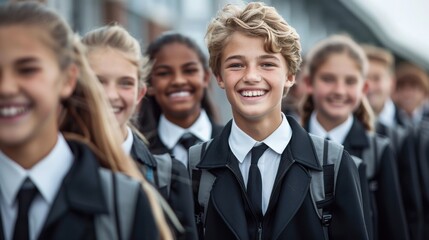 Obraz premium A group of high school students in uniform stand together in a school yard, smiling and appearing cheerful. The atmosphere indicates a back-to-school scene.