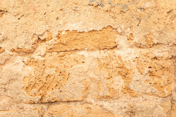 A weathered brick wall with patches of missing mortar