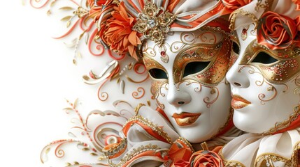 Two elaborately decorated theatrical masks, adorned with intricate gold and orange accents, flowers, and luxurious details, isolated on a white background.