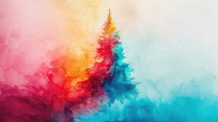 Obraz premium A whimsical watercolor illustration of a Christmas tree, featuring vibrant splashes of red, blue, and yellow hues blending seamlessly in a dreamy, abstract style.