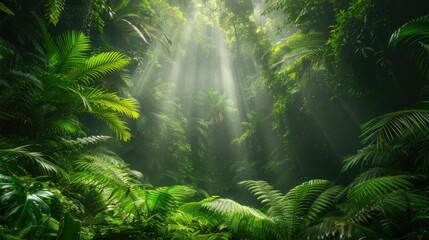 An image of a tranquil forest bathed in morning light, featuring lush greenery and sun rays filtering through the dense canopy, creating a serene atmosphere.