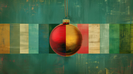 Red and Gold Christmas Ornament with Vertical Stripes on Teal Background