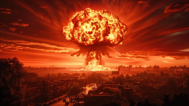 A dramatic, high-definition cinematic depiction of the Tsar Bomba mushroom cloud explosion over a city skyline, showcasing intense fiery hues and expansive destruction.