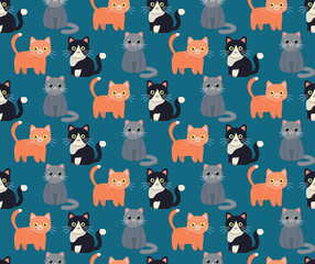 Seamless pattern with cute colorful cats. Cartoon vector background in flat style	