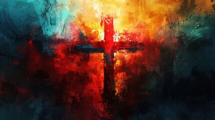 A striking blurry abstract background painting in watercolor, featuring a prominent cross in the center with vibrant hues of red, orange, blue, and yellow.