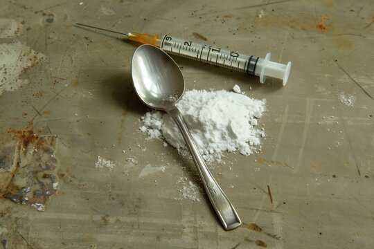 Prescription drugs narcotics fentanyl or heroin and a syringe	
