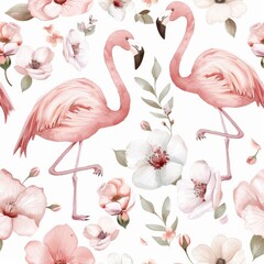 Naklejka premium Baby flamingo and mom cartoon seamless pattern background. Tropical fabric background. Mother and baby cartoon.