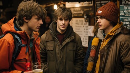 Fototapeta premium A group of young people gathered at a pub's brewery, engaging in conversation while holding beer and dressed in winter clothing.