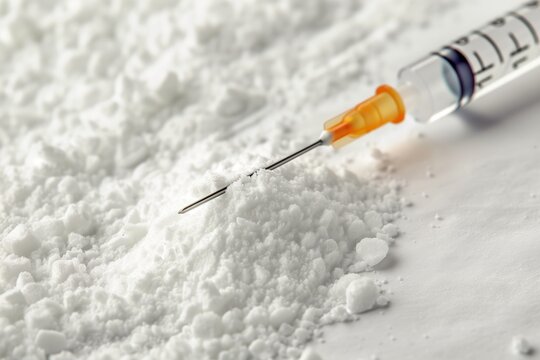 Prescription drugs narcotics fentanyl or heroin and a syringe	
