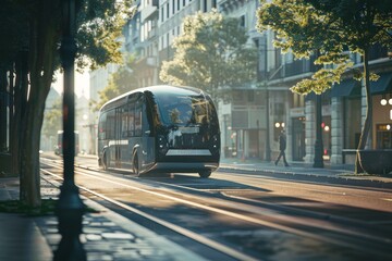 Fototapeta premium Autonomous electric bus showcases smart vehicle technology advancements in digital rendering