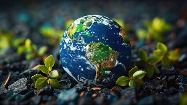 A cinematic still of planet Earth surrounded by small green plants, celebrating Arbor Day in a beautifully rendered 8K resolution.