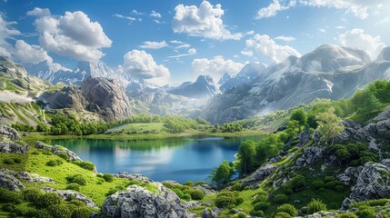 Fototapeta premium A stunning wallpaper featuring a serene mountain landscape with a clear blue sky and lush greenery