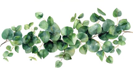 A watercolor border frame featuring a lush arrangement of eucalyptus leaves, showcasing various shades of green on a white background.