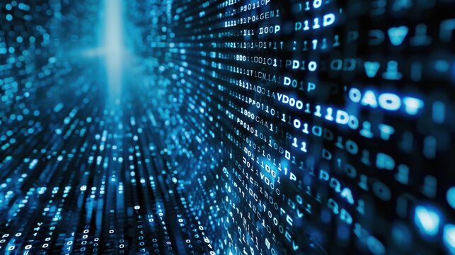 A dynamic image showcasing blue digital binary data streaming diagonally across a computer screen backdrop, representing technology and data flow.