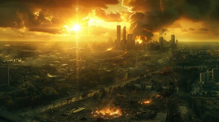 A dramatic sunset over a cityscape with towering skyscrapers, engulfed in smoke and fire, creating a cinematic and intense atmosphere.