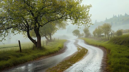Obraz premium A tranquil scene of a countryside road during rainfall