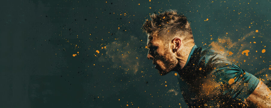 Rugby player tackling with energy burst effects, sportsman, strength and impact