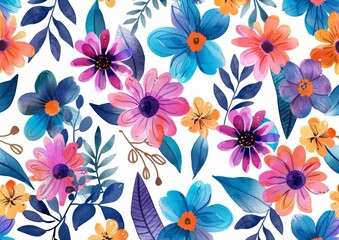 A watercolor seamless pattern with abstract wildflowers, summer colorful illustration on an ivory background.