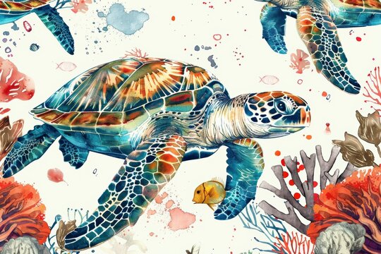 A seamless watercolor pattern of sea turtles, shells, jellyfish and corals. Perfect for creating fabrics, textiles, decoupage, and wallpapers.
