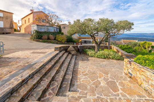 View from the hillside terrace of the small town of Gassin, France, looking over the Gulf of Saint-Tropez, in the Provence-Alpes-C&ocirc;te d'Azur region of Southern France.