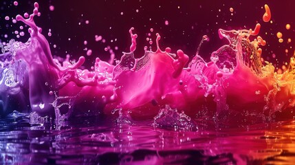 A vibrant splash of colorful paint in shades of purple, pink, and orange, captured dynamically mid-air over a reflective surface.