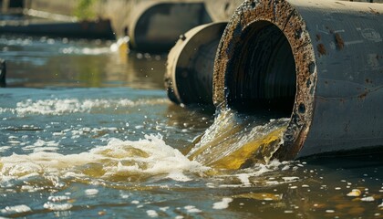 Industrial wastewater pollution  sewage pipe discharging into river and canal, environmental damage