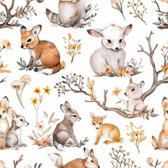The watercolor nursery seamless pattern features hand-painted woodland animals, bunnies, rabbits, mice, in a forest summer landscape. Illustration for baby wallpaper, textiles, wall decor.