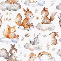 Illustration of a forest animal in watercolor with a seamless pattern