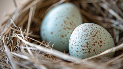 Obraz premium Easter themed close up of two new chicken eggs in nest