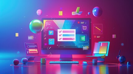 A vibrant 3D concept illustration showing a desktop computer with a progress bar and a system update notification