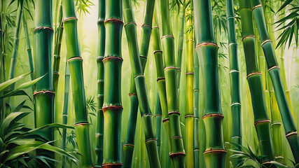 Fototapeta premium Tall tropical bamboo wall mural painted art. Generative AI